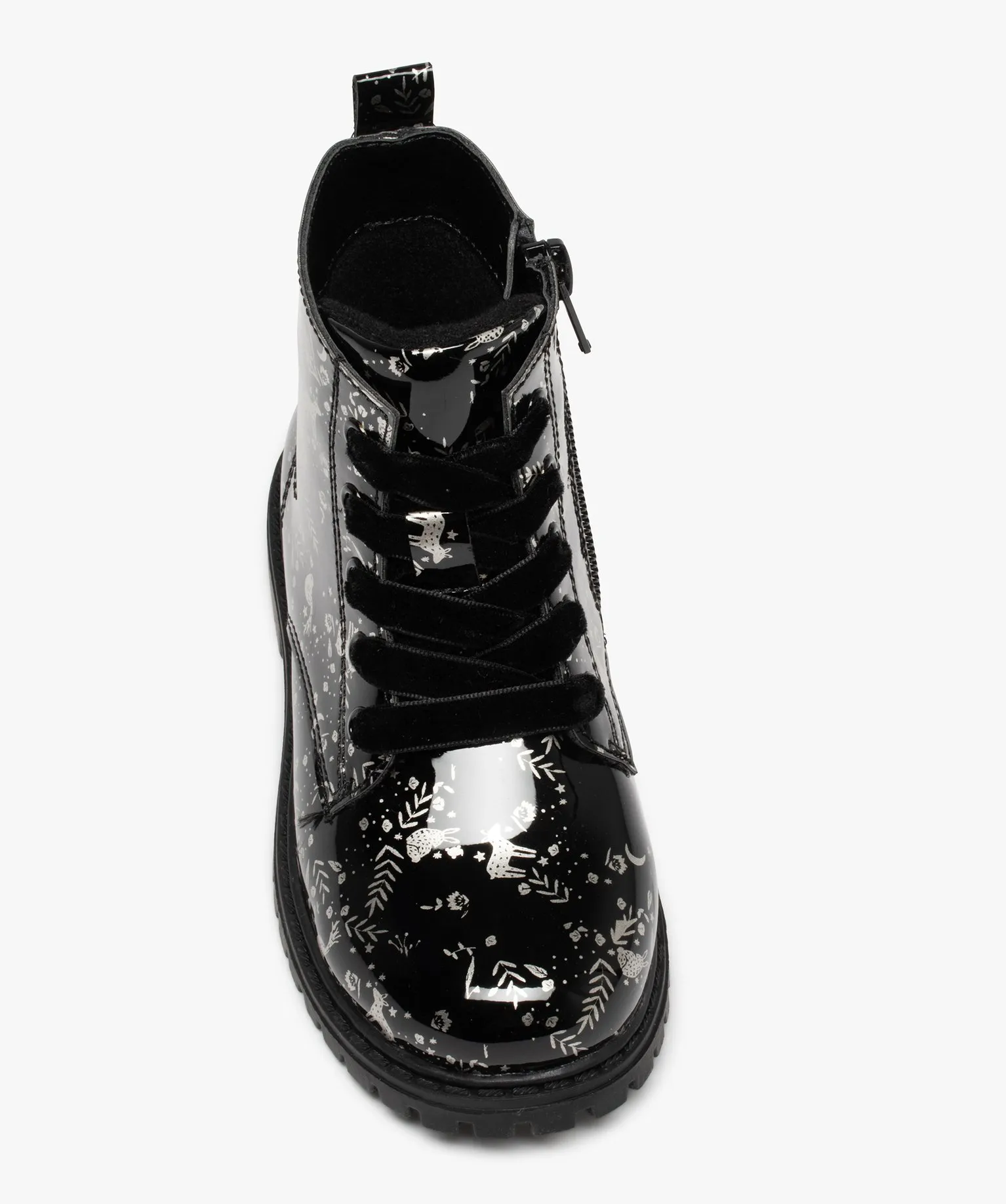 Boots fille style rock vernies à lacets et zip noir