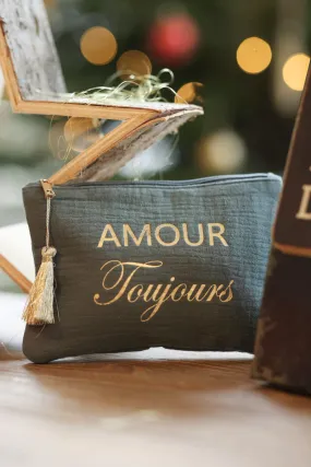 Petite pochette trousse en gaze de coton kaki Amour Toujours doré