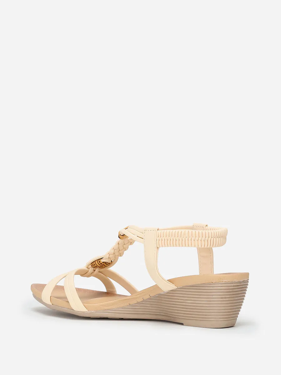 Sandales compensées à perles effet bois- Beige
