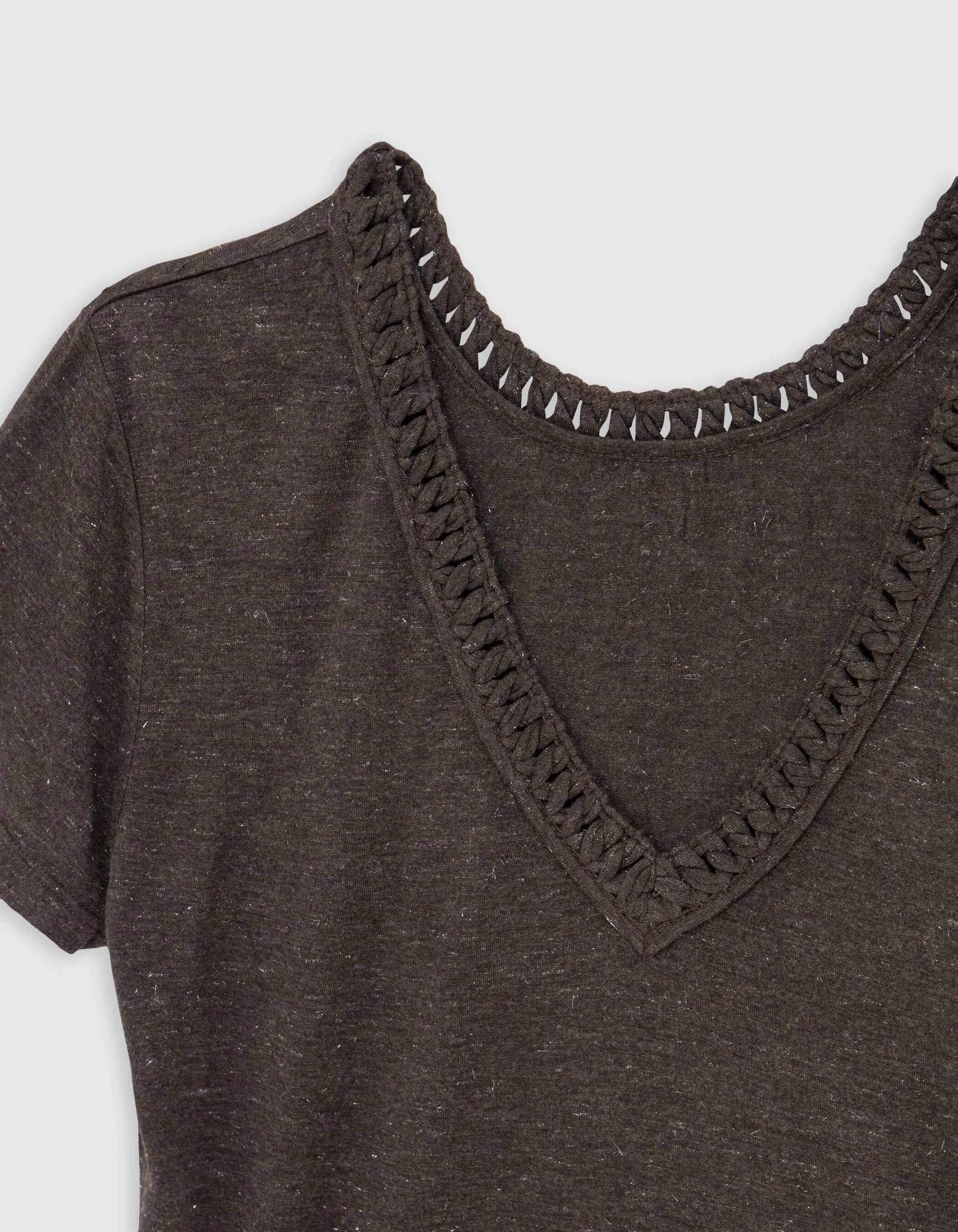 Tee-shirt brun lurex réversible tressage encolure V Femme